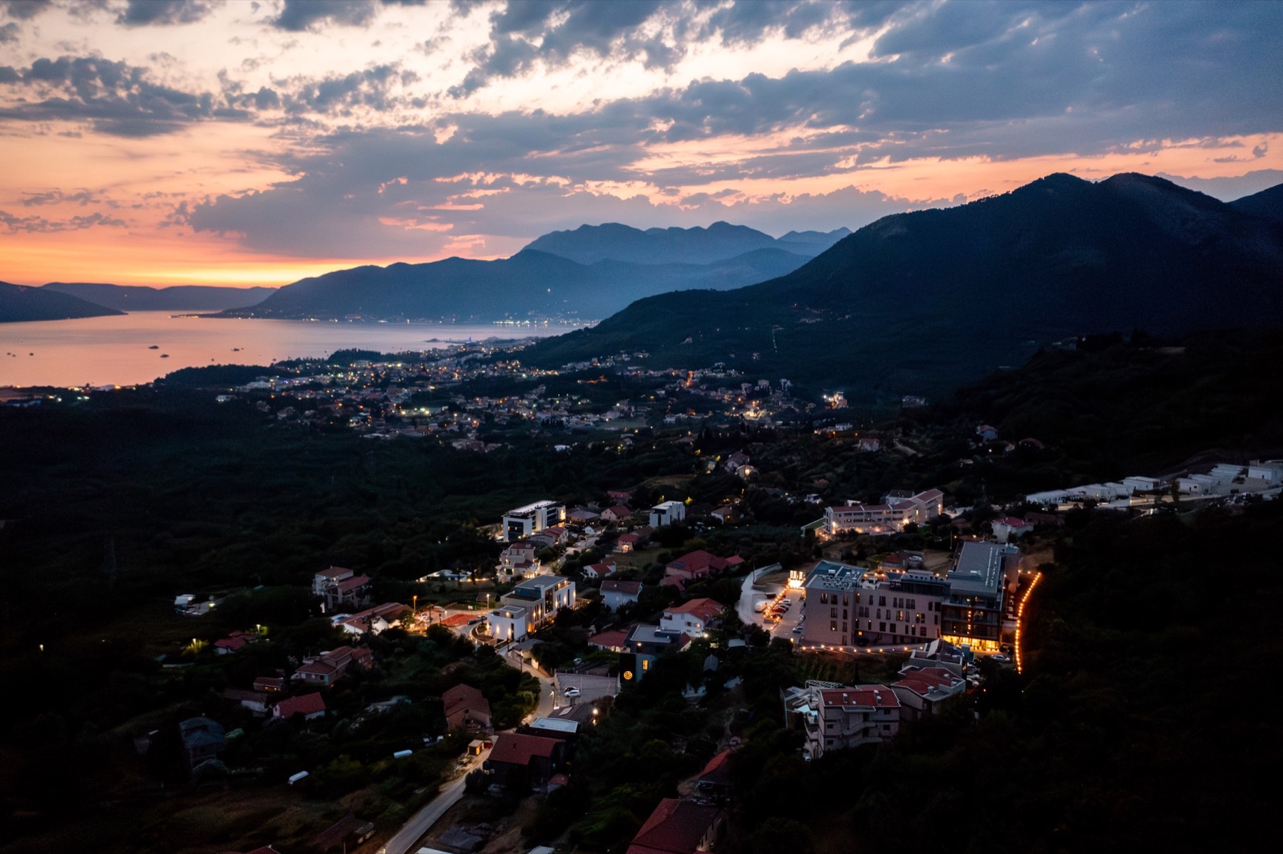 Wide evening view over Kavač and the Bay of Kotor